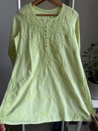 Mul Cotton Chikankari Full sleeves short Top - Apple Green-Apple Green / Cotton / S