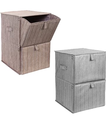 PrettyKrafts 2 Tiers Collapsible Storage Organizer, Fabric Cube Bins, Pull-Down Doors with 2 Carrying Handles for Closet, Home, Office, Free Standing,(Pack of 2)