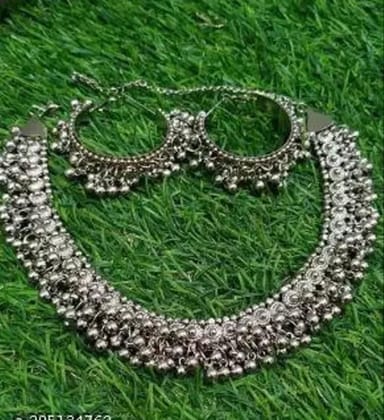 Oxidised Beaded Tribal Choker Necklace Set with Hoop Earrings for Women Oxidised Beaded Tribal Choker Necklace Set with Hoop Earrings for Women