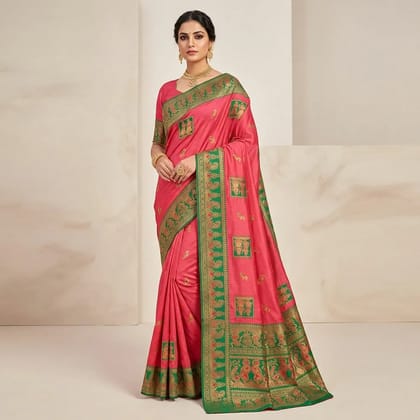 Green And Pink Banarasi Satin Zari Embroidered Saree For Women