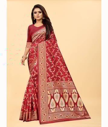 Gazal Fashions Banarasi Silk Embellished Saree With Unstitched Blouse Piece ( Pink )