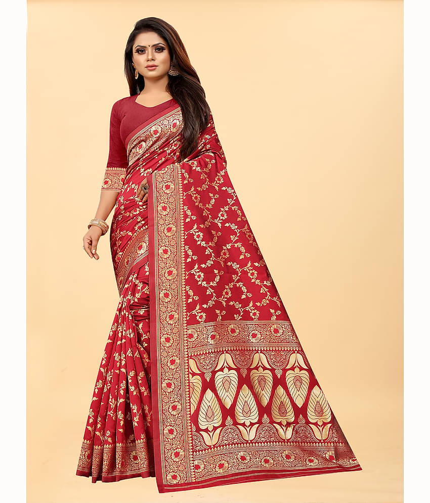 Gazal Fashions Banarasi Silk Embellished Saree With Unstitched Blouse Piece ( Pink )