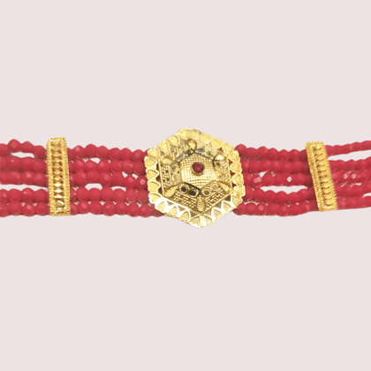 HexaCharm Red Beaded Necklace with Golden Hexagon Pendant