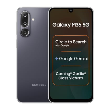 Samsung Galaxy M36 5G Mobile (Velvet Black, 6GB RAM, 128GB Storage) | Google Gemini| Gorilla Glass Victus+ | 7.7mm | AI Enhanced 50MP OIS Triple Camera| Nightography| Lag-free Gaming | Without Charger Samsung Galaxy M36 5G Mobile (Velvet Black, 6GB RAM, 
