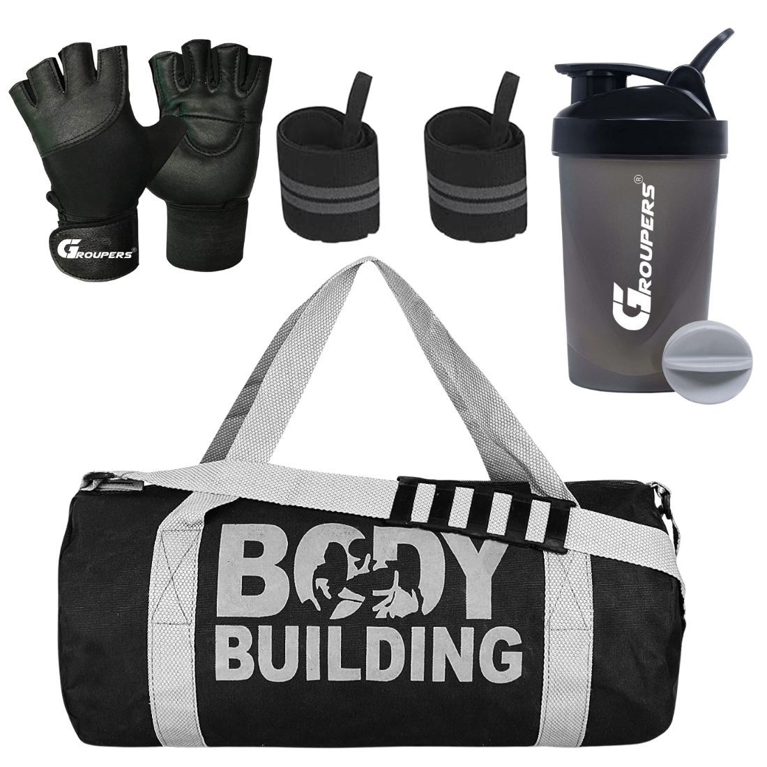 GROUPERS Duffle Canvas Bag with Shaker Bottle-400ml, Wrist Band & Glovesl (Black)
