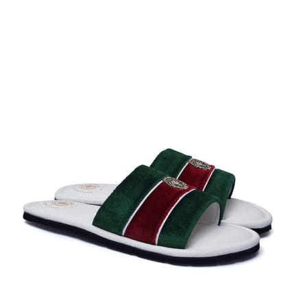 Women's Green & Red Velvet Strap White Leather Slide-in Slippers by BRUNE & BARESKIN-36/3