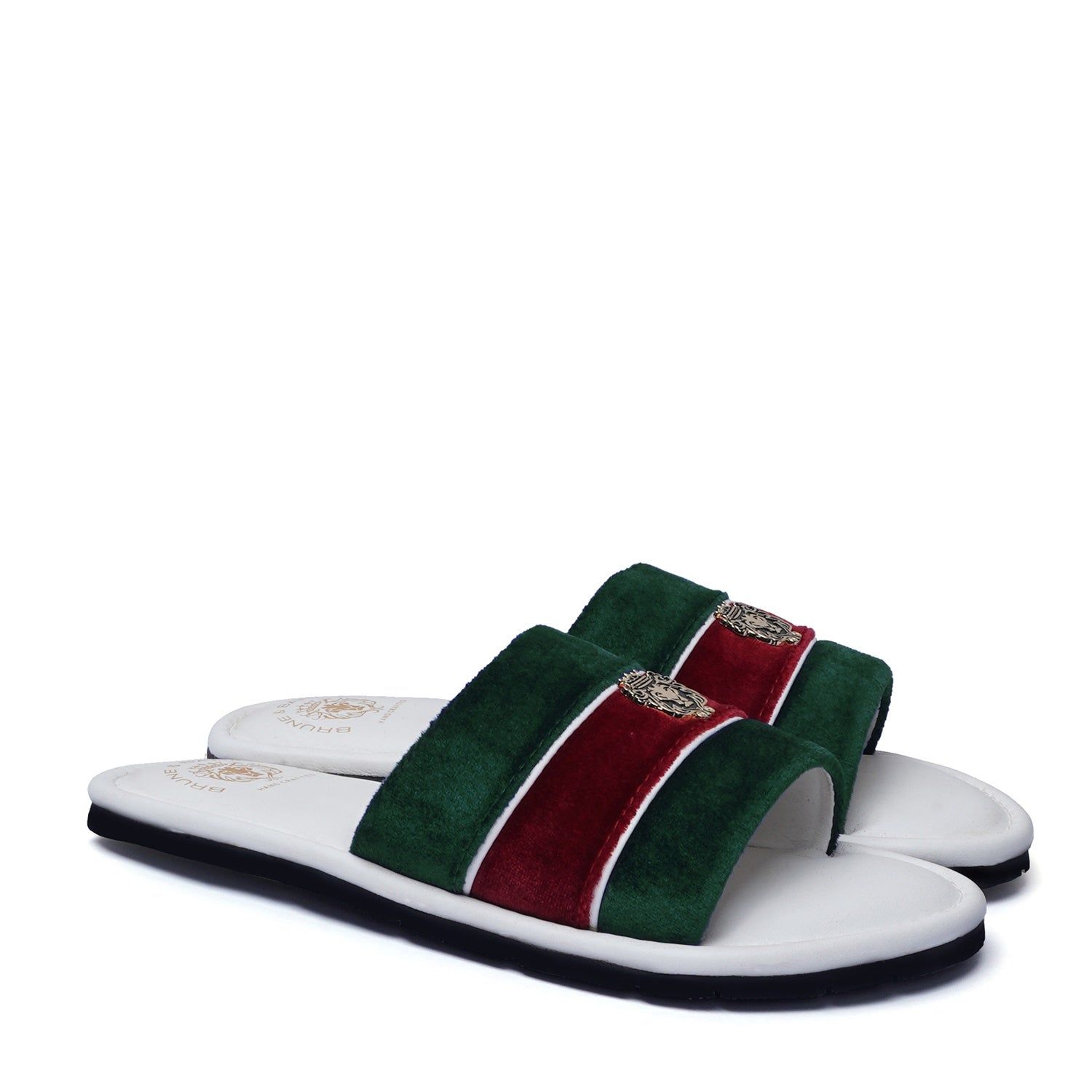 Women's Green & Red Velvet Strap White Leather Slide-in Slippers by BRUNE & BARESKIN-36/3