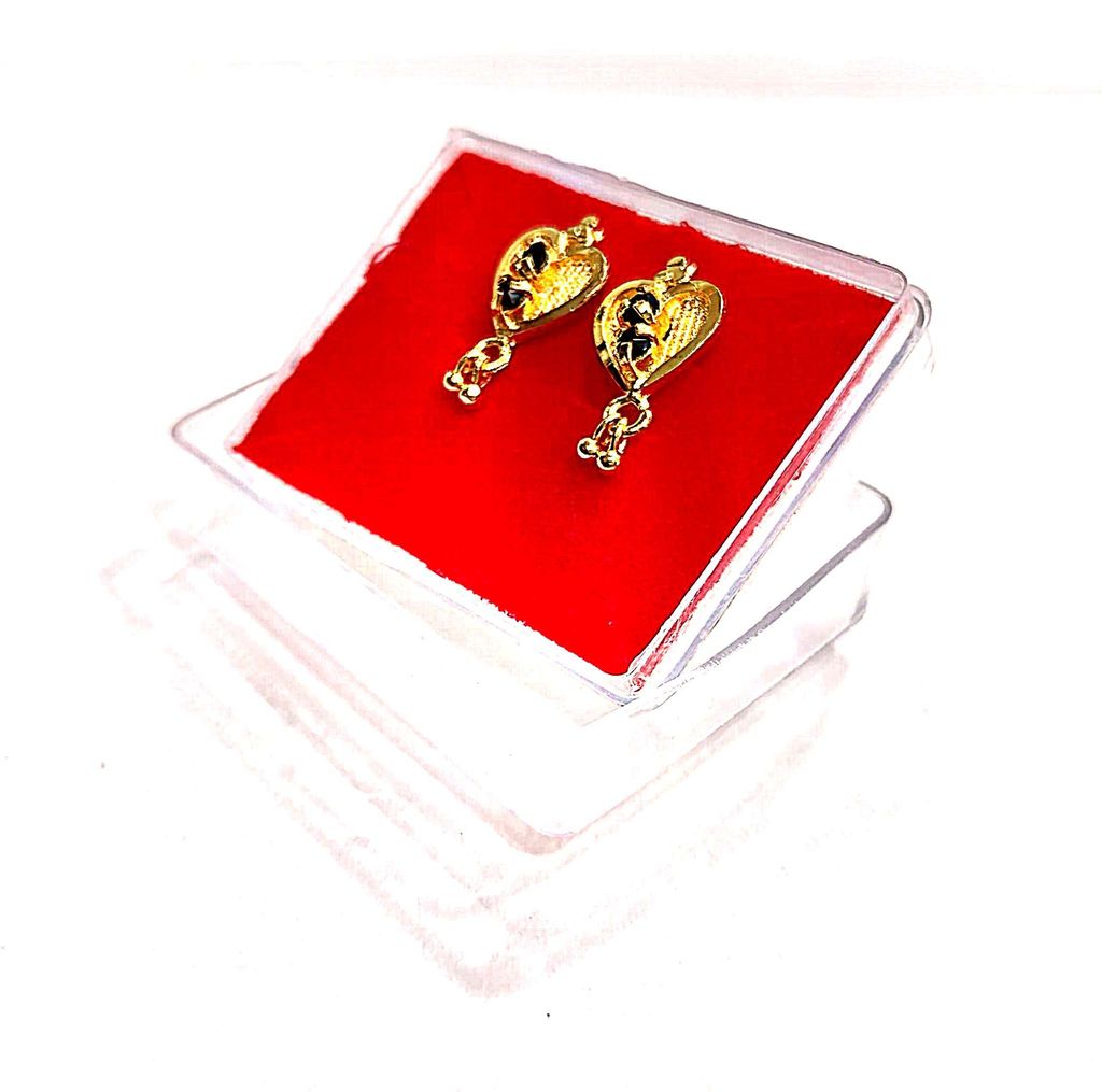 Gold Plated Heart Shape Earrings with Black Stone