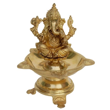 Brass Table Decor Ganesha Oil Lamp Deepak 6 Wicks  - Auspicious Diya for Worship & Gifts, Height : 8 Inch (BSMAS1177 A)