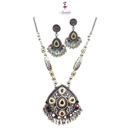 ANAMIKA Luxury Handcrafted Necklace Jewellery Set with Ear Rings, Oxidized, Oval Pendant, Red and Green