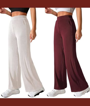 Qyaas Women Knitted Formal Pants ( White,Maroon )