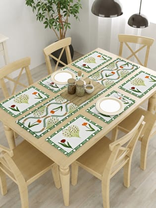 Handblock Printed Canvas Cotton Table Runner With Set Of 6 Mats-Cotton / Handblock / 6 Seater
