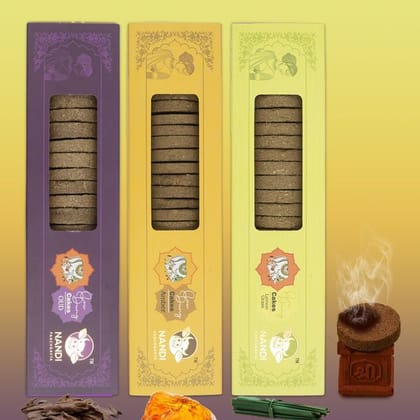 Nandi Panchgavya 100 Percent Desi Cow Dung Cake Kande (63 Pcs) (Oud, Amber, Lemongrass Fragrance-Pack of 3)