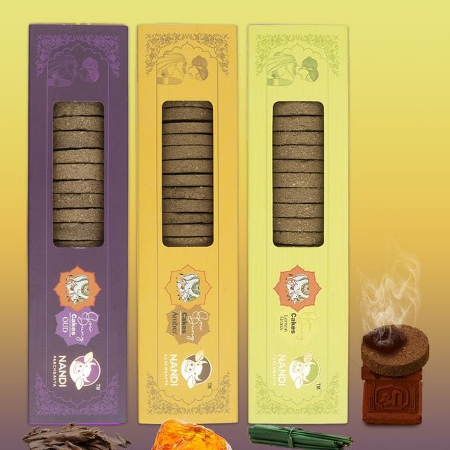 Nandi Panchgavya 100 Percent Desi Cow Dung Cake Kande (63 Pcs) (Oud, Amber, Lemongrass Fragrance-Pack of 3)