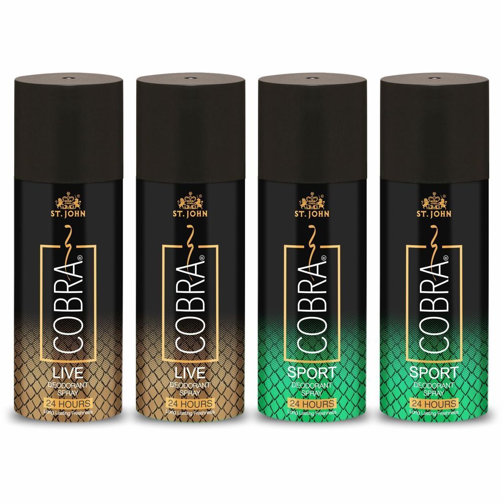 ST-JOHN Cobra Deo Live (2Pcs) and Sport 150 ML (2Pcs)  each Body Deodorant Spray - For Men & Women  (600 ml, Pack of 4)
