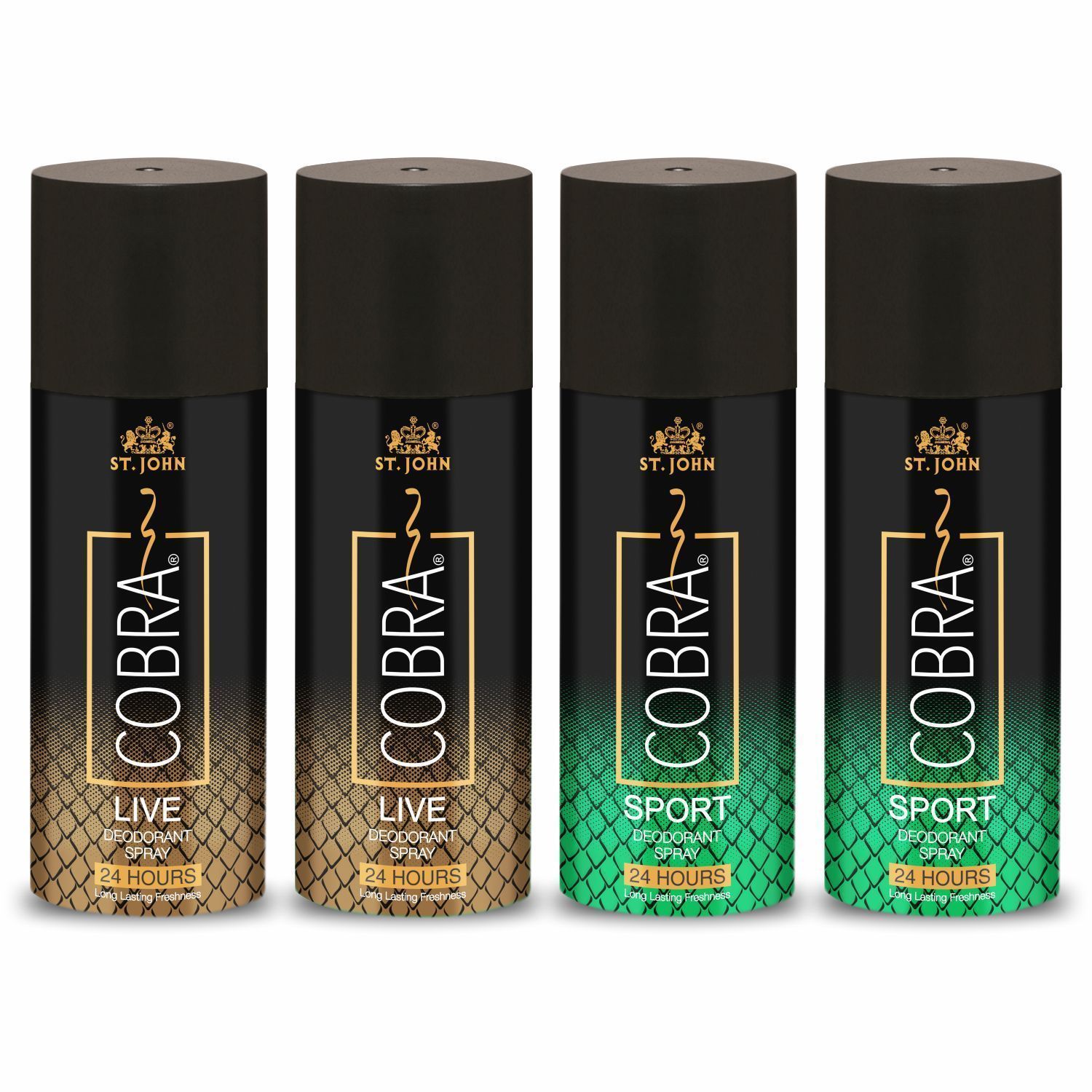 ST-JOHN Cobra Deo Live (2Pcs) and Sport 150 ML (2Pcs) each Body Deodorant Spray - For Men & Women (600 ml, Pack of 4)