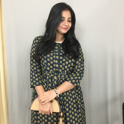 Peacock Blue Cream Flower - Maternity Kurti with Feeding Zips-44 - 46 ( XXL - 3XL )