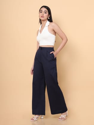 Navy Blue Flared Casual Pants-M