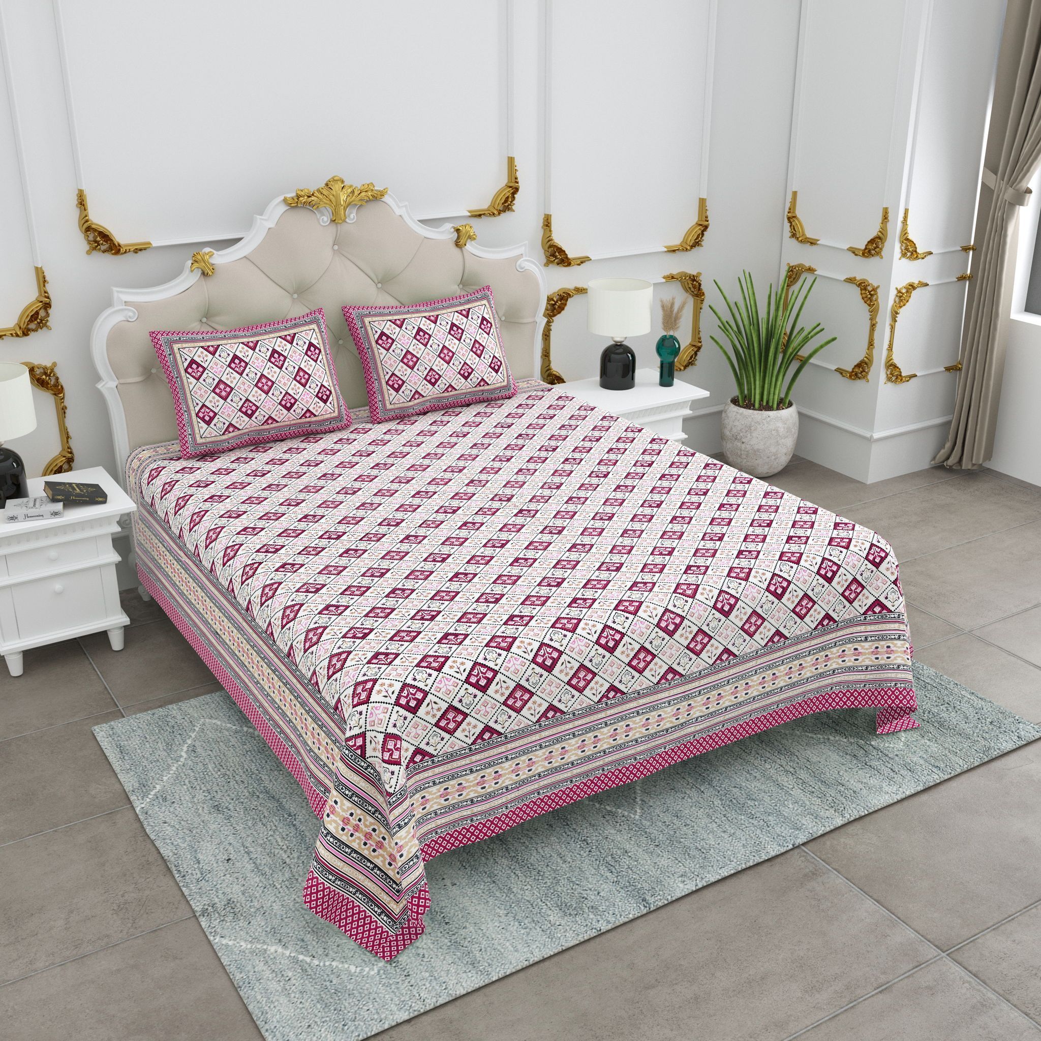 Luxury 100% Cotton Jaipuri Sanganeri Double Bed Sheet Set with Pillow Covers