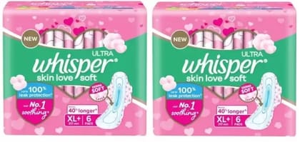 Whisper ULTRA skin love soft XL+ 317 mm - 6x2 Pcs Sanitary Pad (Pack of 2)