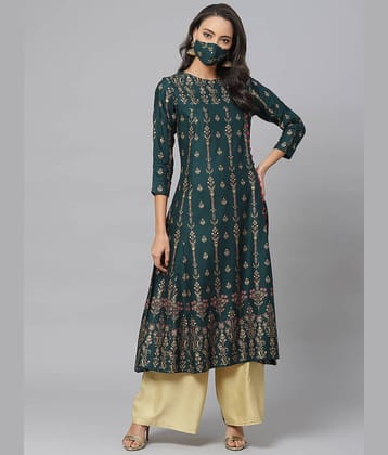 Yash Gallery Pack of 1 Rayon Printed Flared Women's Kurti - ( Green )