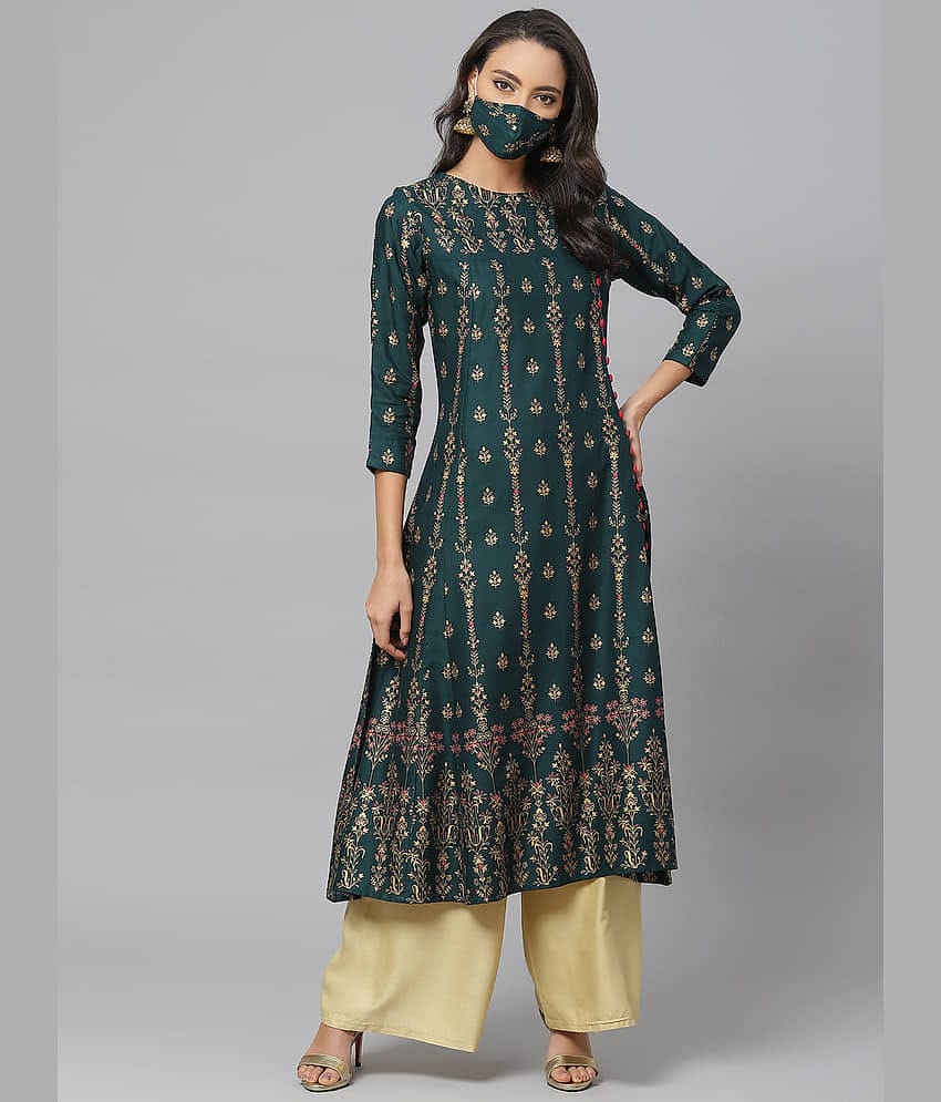 Yash Gallery Pack of 1 Rayon Printed Flared Women's Kurti - ( Green )