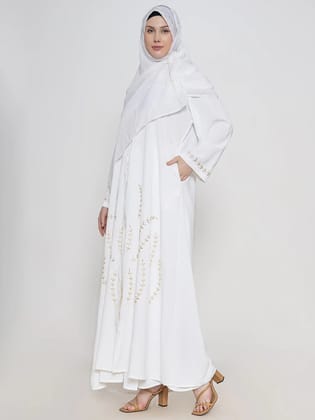 White Embroidered Round Neck Abaya With Scarf-XS