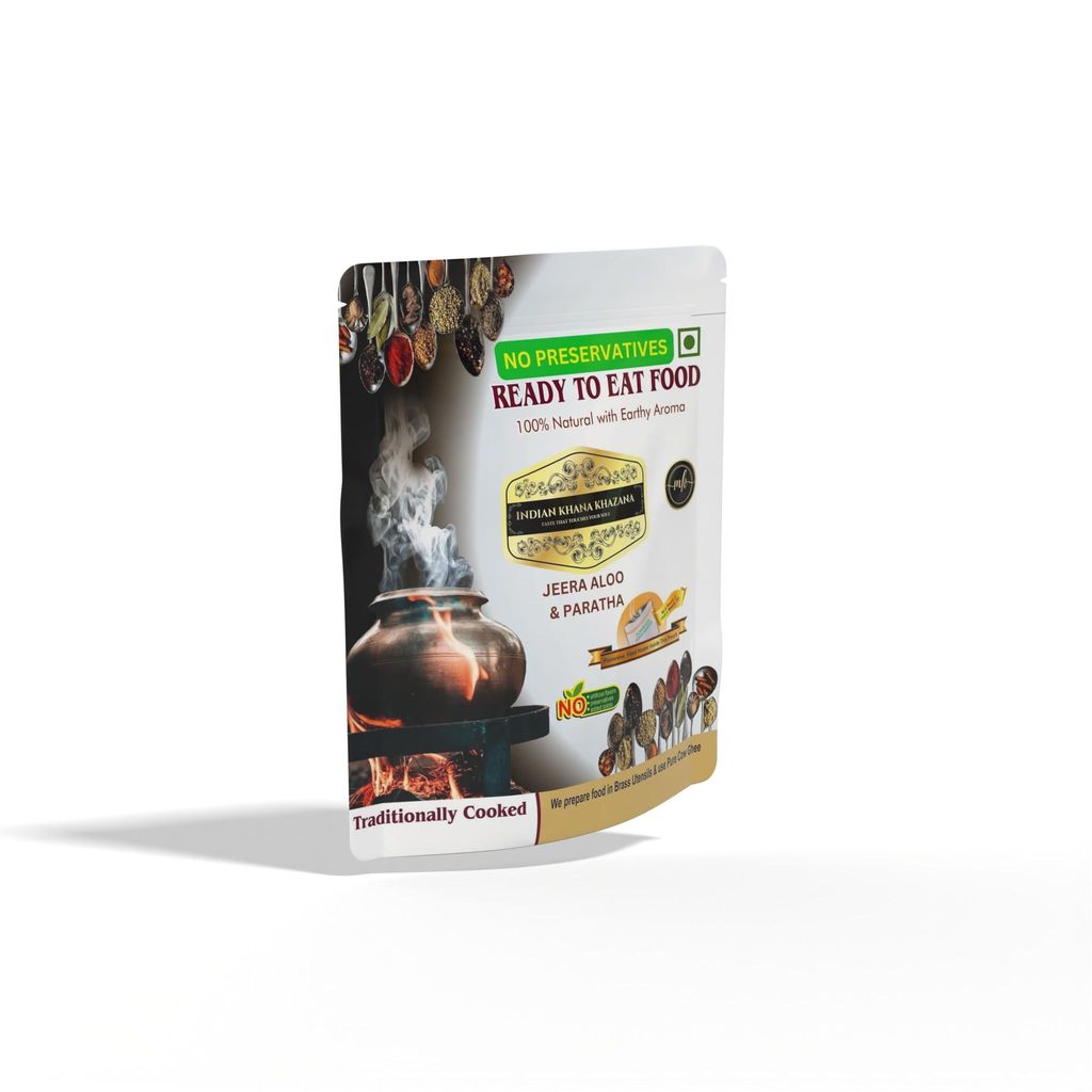 INDIAN KHANA KHAZANA Jeera Aloo & Paratha 354gm | No Added Preservative and Colours (Jeera Aaloo Paratha) Serve Hot Anytime Anywhere with our Flameless Food Heater inside the Pack | Indian Tasty Flavour Ready to Eat Food Jeera Aloo & Paratha