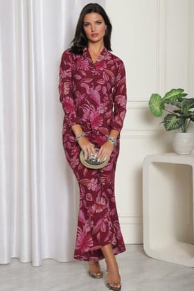 Purple Floral Printed Chanderi Silk Shirt With Palazzo Co-ord set-M