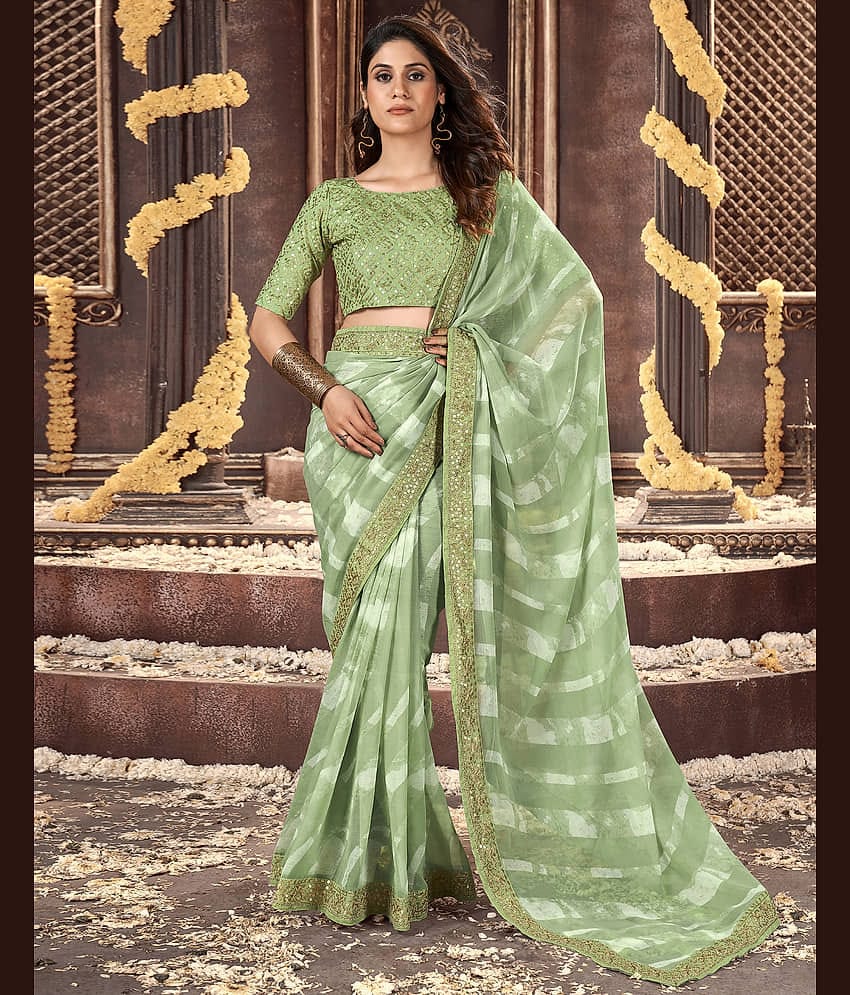 Satrani Georgette Printed Saree With Unstitched Blouse Piece ( Mint Green )