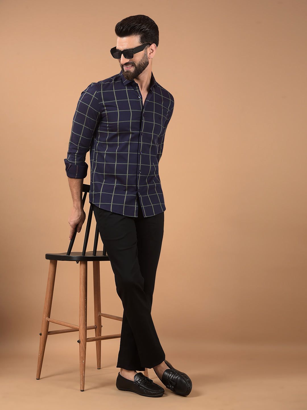 Brown Windowpane Check 100% Cotton Shirt-M / Brown