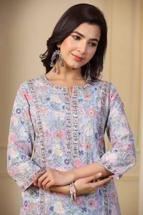 Maheen Gul Bano Round Neck Sky Blue Block Printed Cotton Kurti-XL / Sky Blue / Aqua