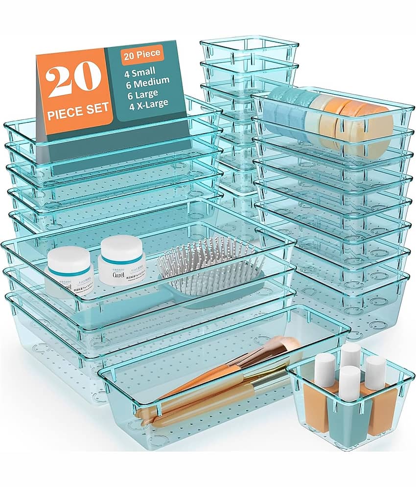 Blue_20 Pcs Desk Drawer Organizers Trays Set Clear Plastic Storage Bins Bathroom Drawer Tray Dividers Vanity Trays Organizer for Bedroom Dresser Makeup Kitchen Utensil Office