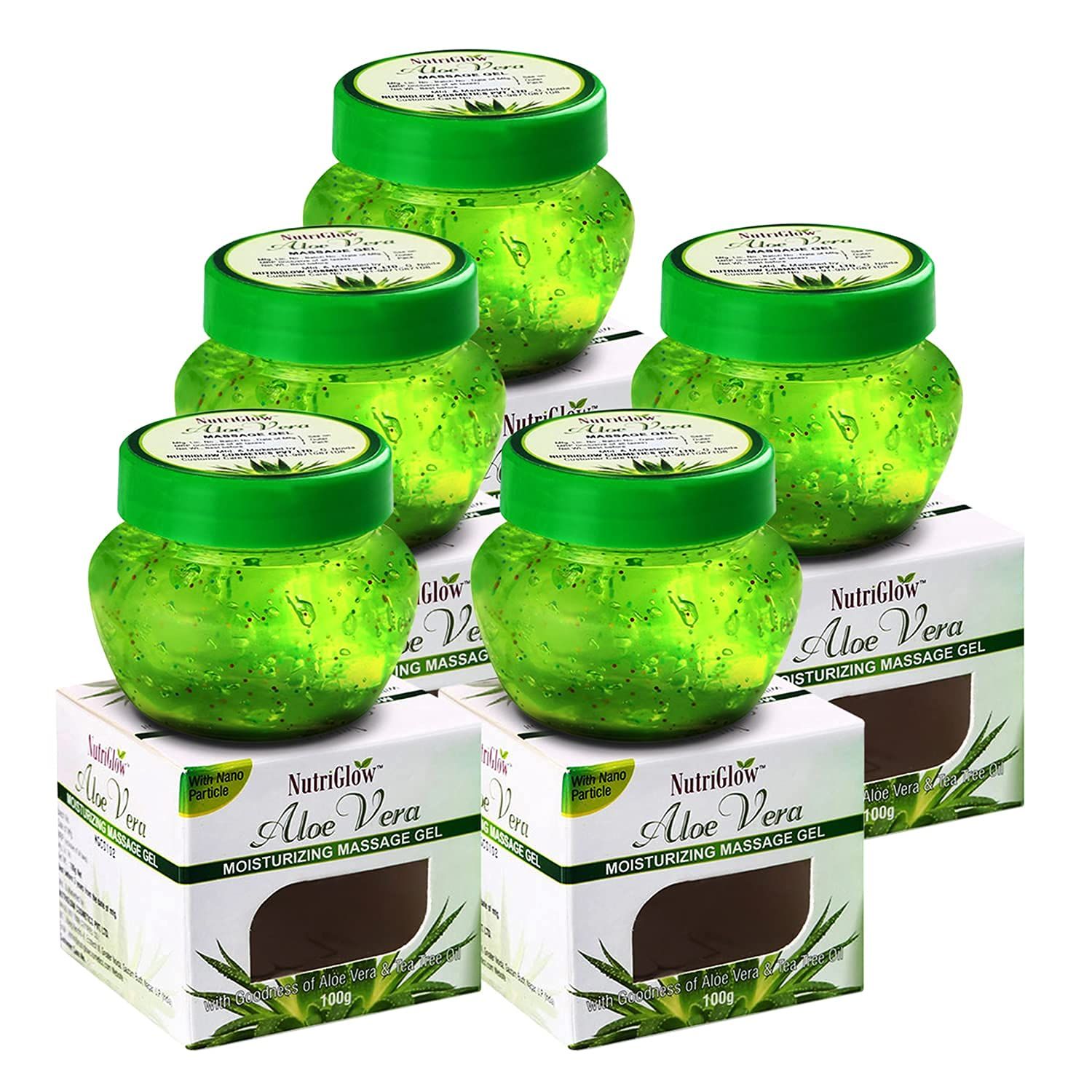 NutriGlow Aloe Vera Gel Great for Face, Hair, Acne, Sunburn, Bug Bites, Rashes, Glowing and Radiant Skin, Hydrating Gel Relieves Itchy & Irritated Skin - Non Sticky, 100gm Each, Pack of 5 NutriGlow Aloe Vera Gel Great for Face, Hair, Acne, Sunburn, Bug B