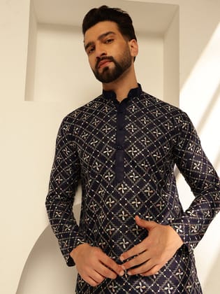 Men's Cotton Silk Multi Thread Embroidered Navy Long Kurta with Golden Sequins-36