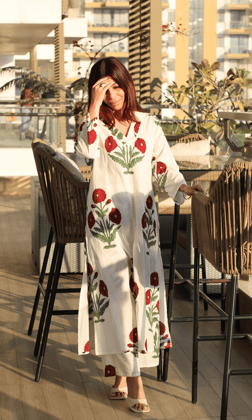 Cotton Handblock White & Red Mughal Print Co-ord Set-XXS