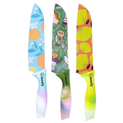 Jenefy Ultra Sharp Knife with prints of protective sheath Chef Knife Japanese Santoku Knife with Non stick coating NonSlip Ergonomic Handle & Blade Cover High Stainless Steel Blue Green & Yellow Combo