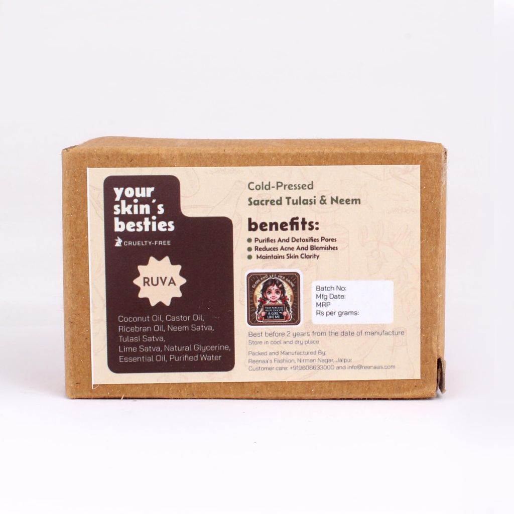 RUVA Handmade Sacred Tulasi & Neem Cold-Pressed Ayurvedic Soap Bar with Pure Neem Extract | Daily Ritual, Balanced Skin | Velvety Lather, Face Safe | Ritual Skincare for All Skin Types