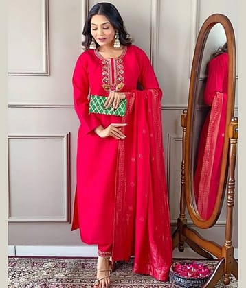 PURVAIYA CREATION Silk Blend Embroidered Kurti With Pants Women's Stitched Salwar Suit - Pink ( Pack of 1 )