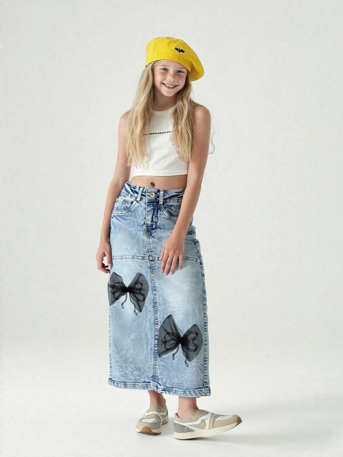 Girls Imported Denim Long Skirt  [GS-998] [4-12Years]-5-6Y (Size - 26) / Denim