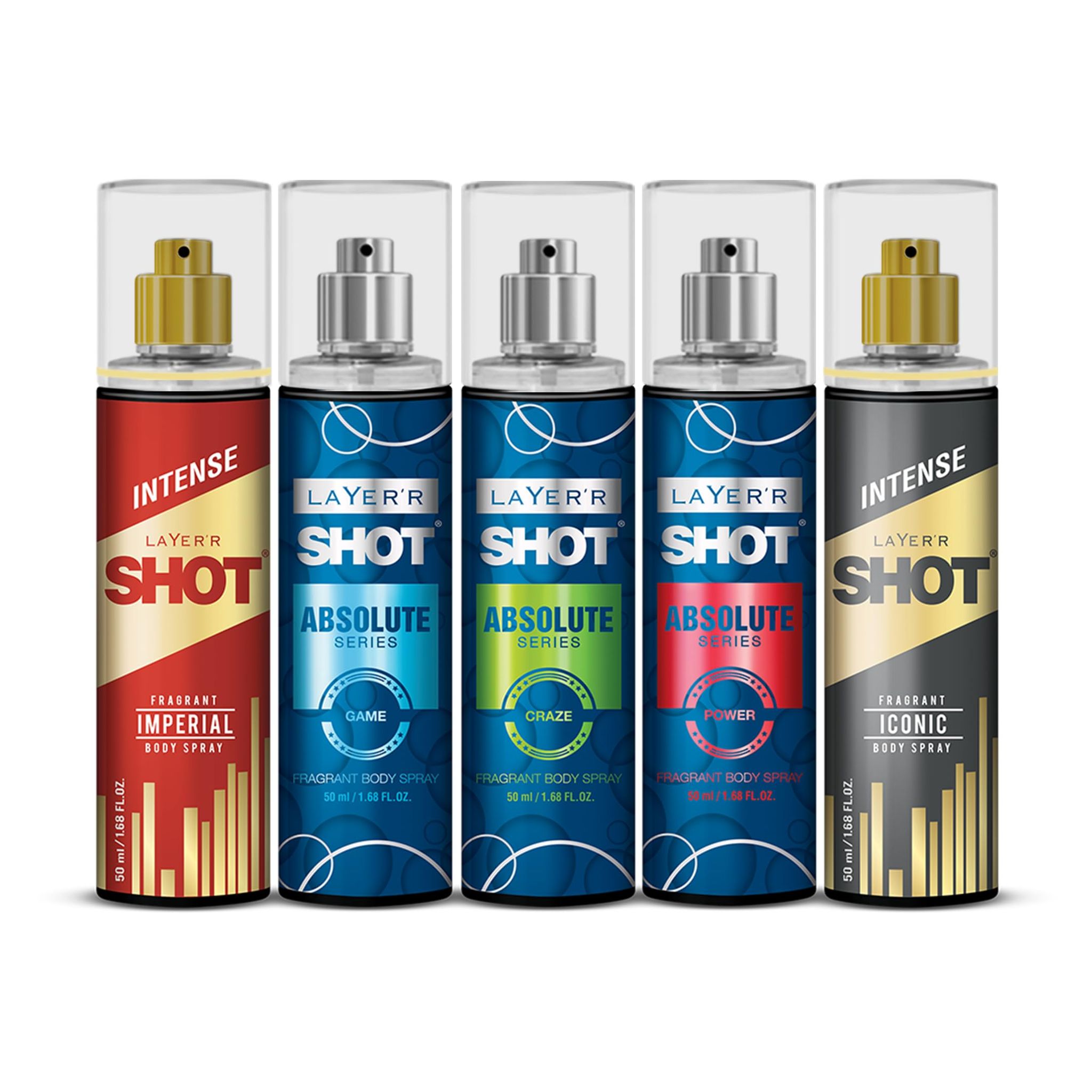LAYER'R SHOT Body Spray Combo for Men, 50ml Pack of 5 | Craze, Game, Power, Iconic & Imperial | Long-Lasting Deodorant Set with Bold, Fresh, Warm & Spicy Fragrance | Perfect All Day Freshness & Every Occasion