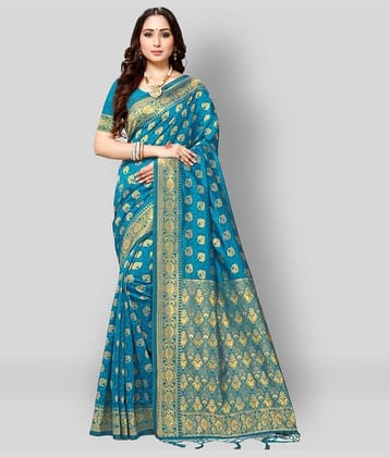 NENCY FASHION Banarasi Silk Printed Saree With Unstitched Blouse Piece ( Light Blue )