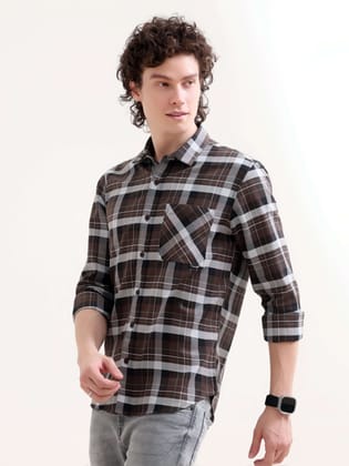 Melfi Dark Brown Duplin Checks Shirt-S / Brown