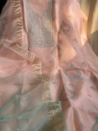 Organza Chikankari Length with Dupatta -Peach Pink-Brown / Organza / Pearl Work