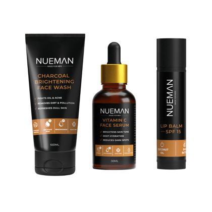 NUEMAN Charcoal Brightening Face Wash (100ml) + Vitamin C Face Serum (30ml) + Lip Balm with SPF 15 (5g) | Skincare Combo for Men | With Activated Charcoal, 2% Salicylic Acid, Niacinamide, Shea Butter