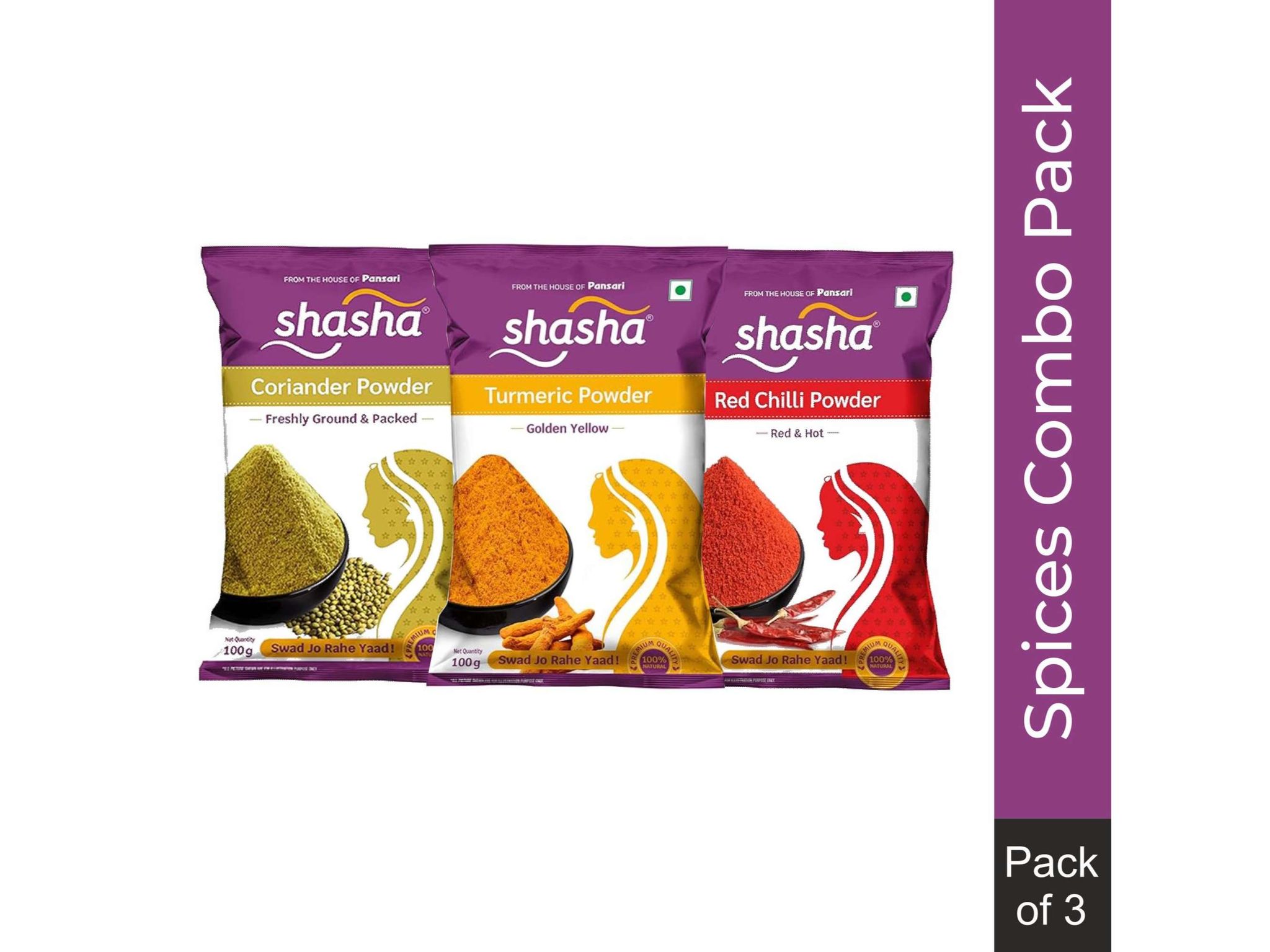 Shasha Spices Combo Pack of 3 - Haldi, Dhaniya, Mirch - (Each - 100gm)