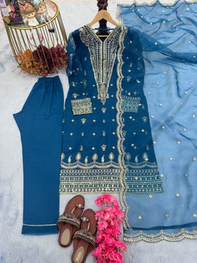 Beautiful Party Wear Look Heavy Organza Silk Top Bottom & Dupatta Set Beautiful Party Wear Look Heavy Organza Silk Top Bottom & Dupatta Set