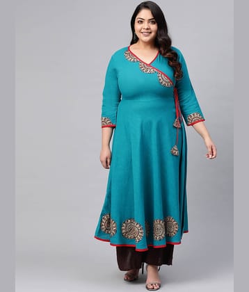 Yash Gallery Pack of 1 Cotton Printed Angrakha Women's Kurti - ( Blue )