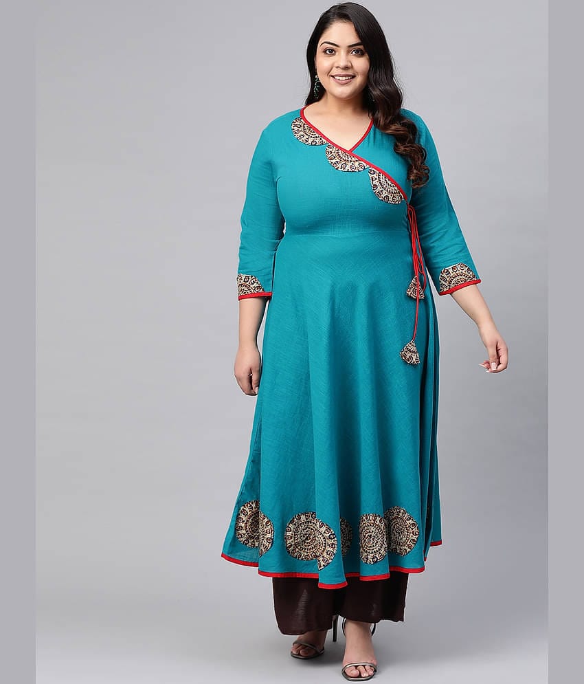 Yash Gallery Pack of 1 Cotton Printed Angrakha Women's Kurti - ( Blue )