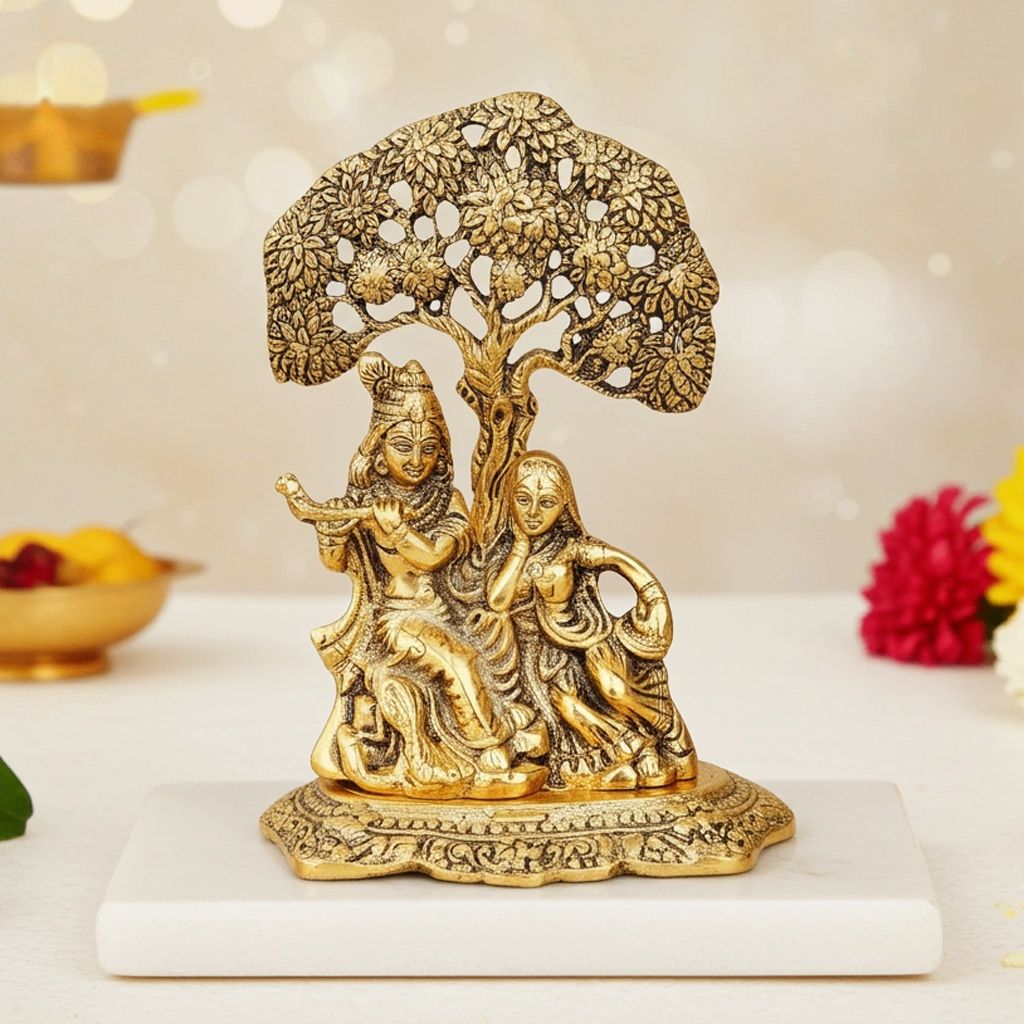 Aluminium Radha Krishna Sitting On Tree � Decorative God Idol, Height : 7 Inch (ASMAS179 G)